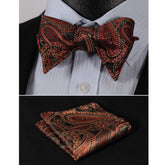 Orange Paisley Mens Silk Self tie Bow Tie with Pocket Squares Set - Amedeo Exclusive